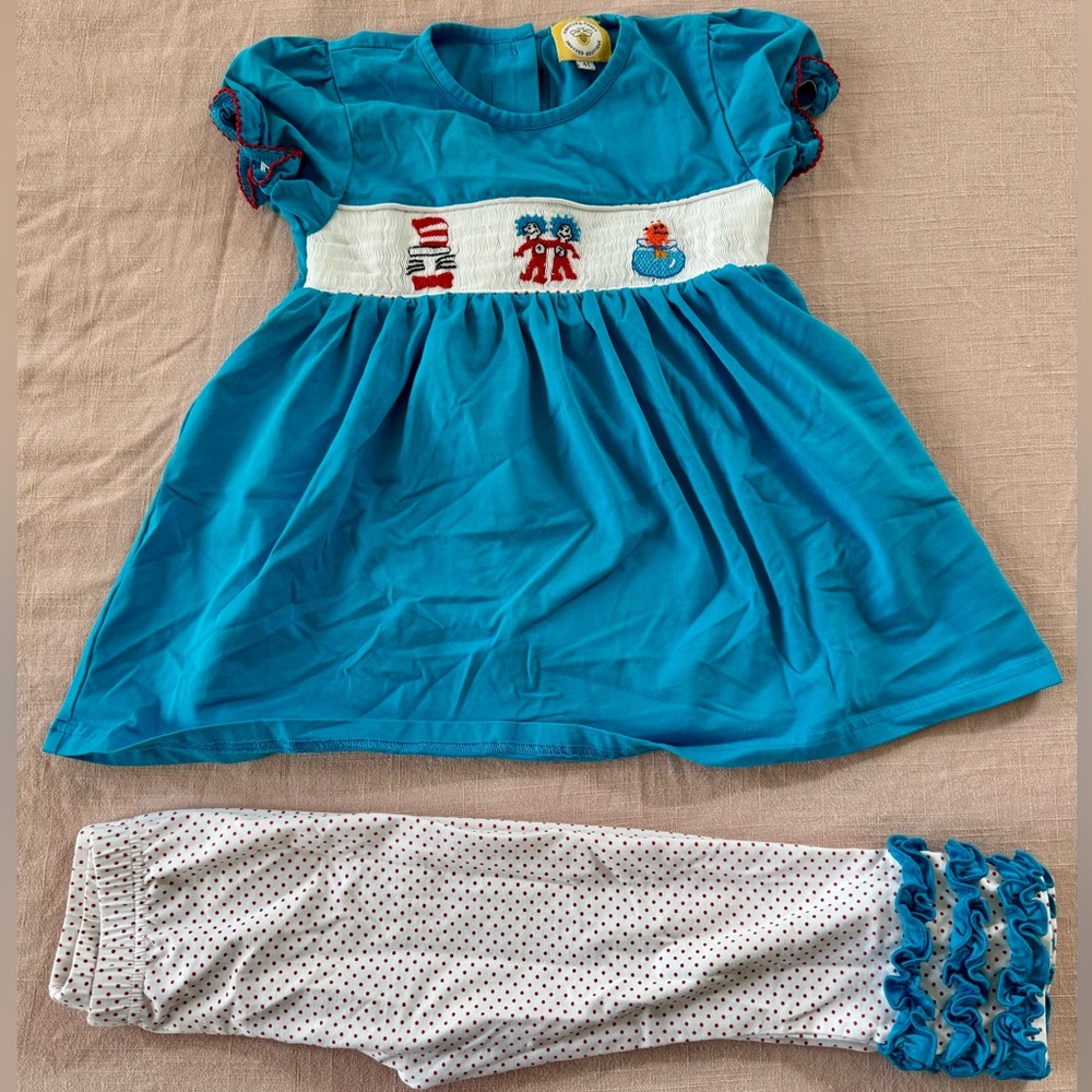 Dr. Seuss cat in the hat Smocked set, Tunic Top with Polka Dot Ruffle Leggings